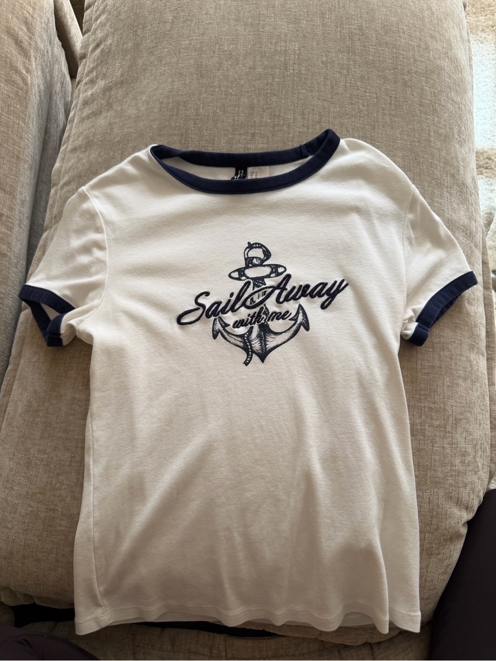 Divided White Short Sleeve Tee with Navy Trim and Anchor Graphic